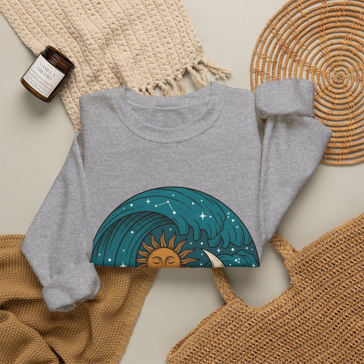Sun Moon Sea Celestial Horoscope Gift Folk Ocean Astrology Enthusiast Bohemian Zodiac Rustic Star Sweatshirt
