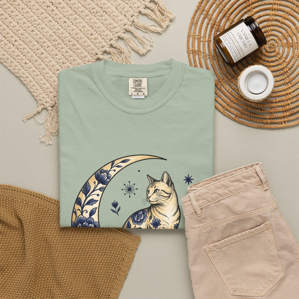 Flower Kitty T-Shirt Cat Astrology Gift Women Hippie T-Shirt Kitty Cat T-Shirt Cat Fan Zodiac Graphic T-Shirt Retro Half Moon T-Shirt