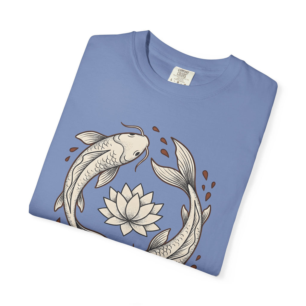 Koi Fish T-Shirt Koi Fish Calm Gift Women Folk Art T-Shirt Carp T-Shirt Koi Fan Naïve Art T-Shirt Serene Graphic Outline Flower T-Shirt