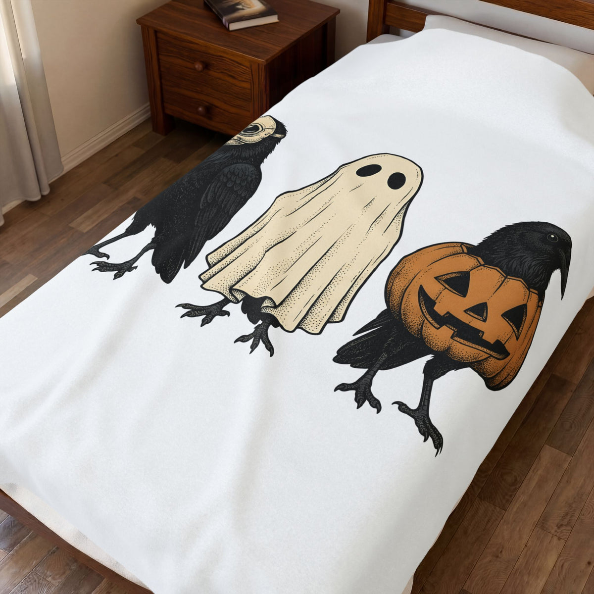Raven Outfit Blanket Halloween Horror Gift Women Retro Blanket Crow Outfit Blanket Horror Fan Creepy Graphic Blanket Sketch Jack-O-Lantern Blanket