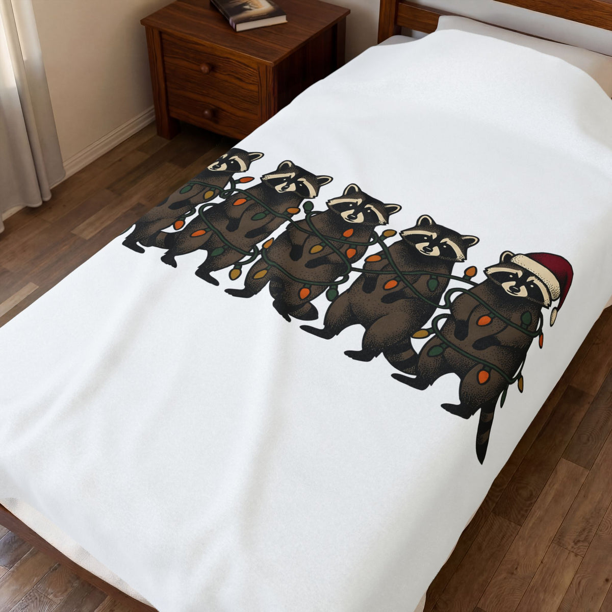 Raccoon Pack Blanket Christmas Wildlife Gift Women Comic Blanket Trash Panda Blanket Xmas Fan Cartoon Blanket Animal Graphic Retro Holiday Lights