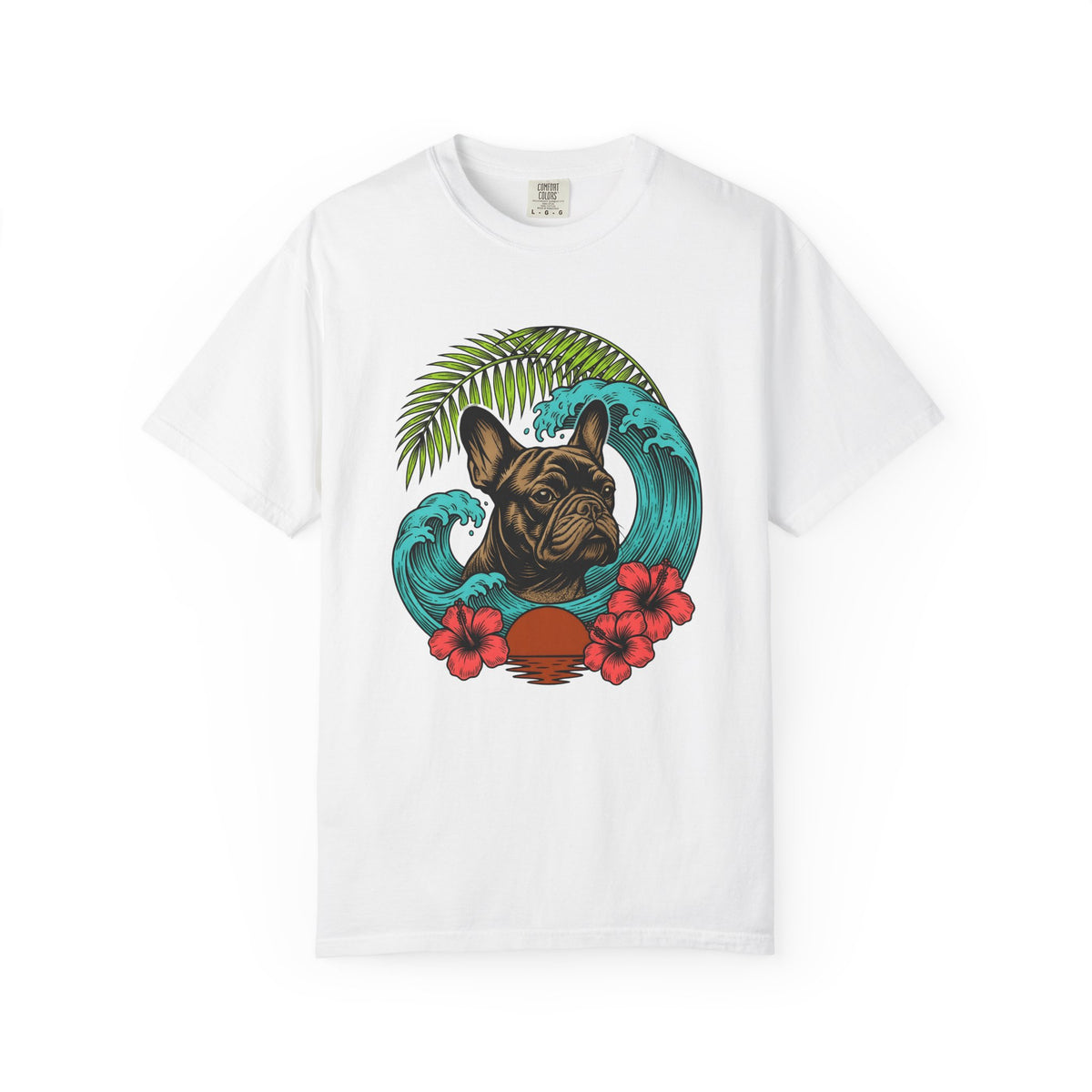 French Bulldog T-Shirt Dog Seaside Gift Women Illustrative T-Shirt Bulldog T-Shirt Dog Fan Frenchie T-Shirt Coastal Graphic Sketch Island Flower