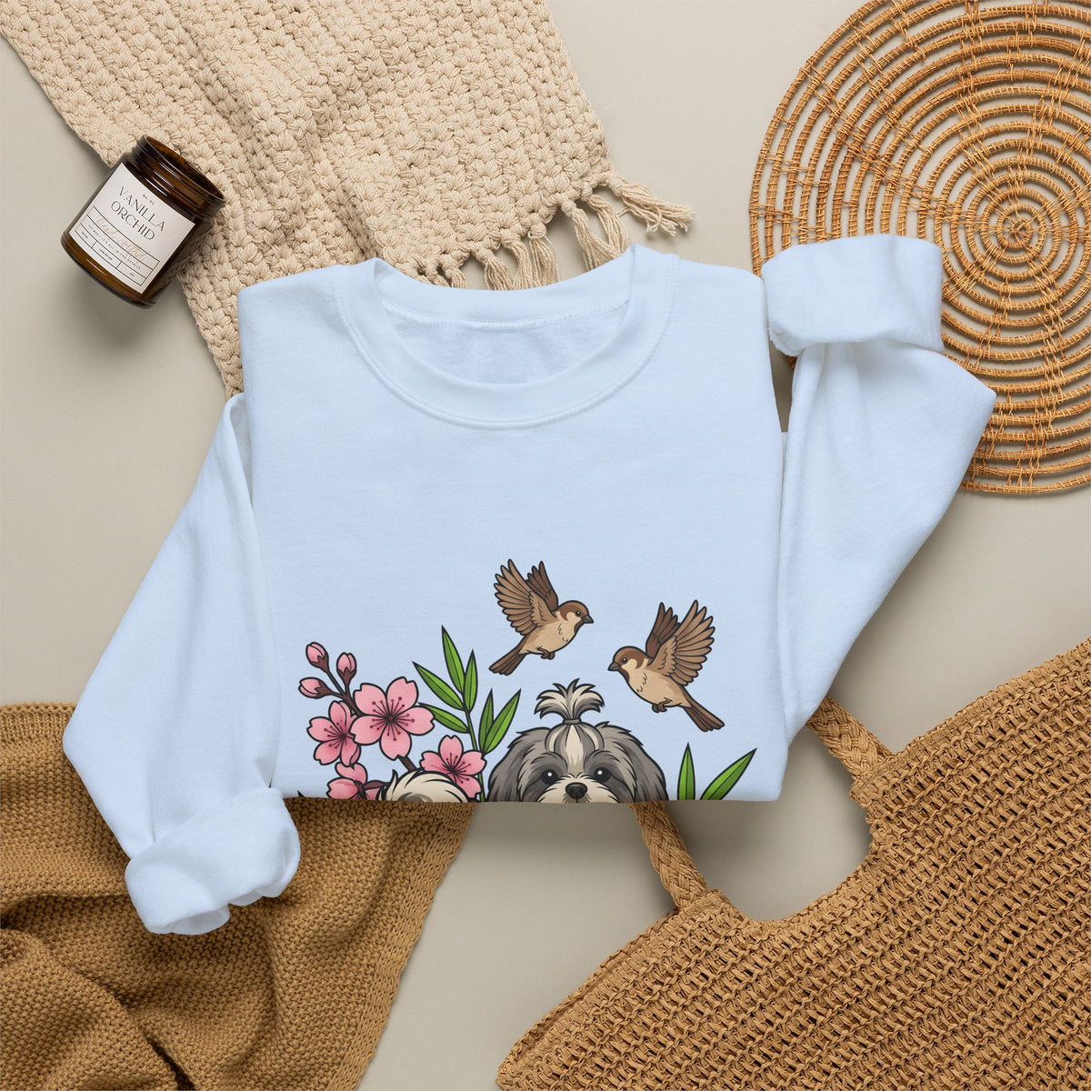 Shih Tzu Puppy Sweatshirt Dog Botanical Gift Women Cute Sweatshirt Puppy Sweatshirt Dog Fan Pup Sweatshirt Floral Graphic Sketch Sakura Flowers Sweatshirt