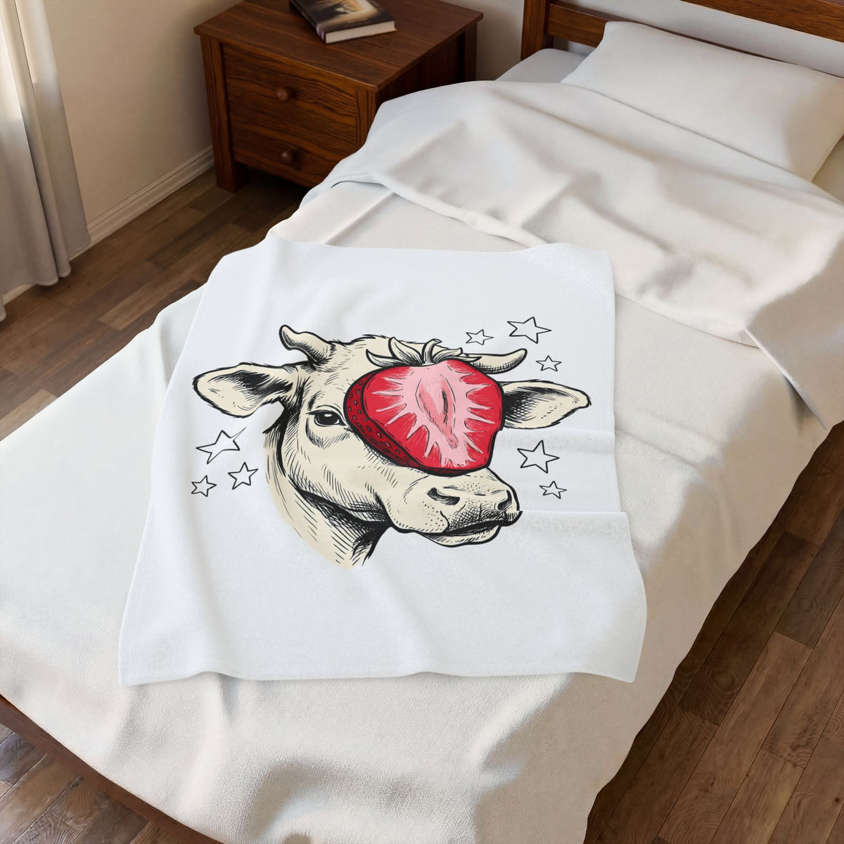 Cow Strawberry Blanket Cute Animal Gift Women Hand Drawn Blanket Cow Blanket Adorable Fan Illustrated Blanket Creature Graphic Whimsical Stars