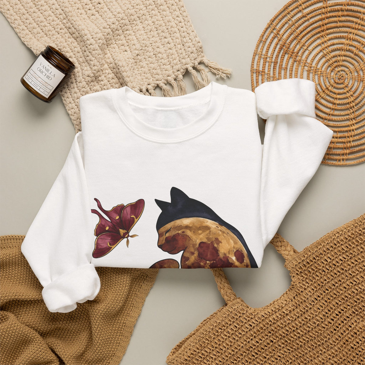 Night Cat Sweatshirt Cat Cosmos Gift Women Paint Sweatshirt Kitty Sweatshirt Cat Fan Artistic Sweatshirt Universe Graphic Galaxy Moth Sweatshirt