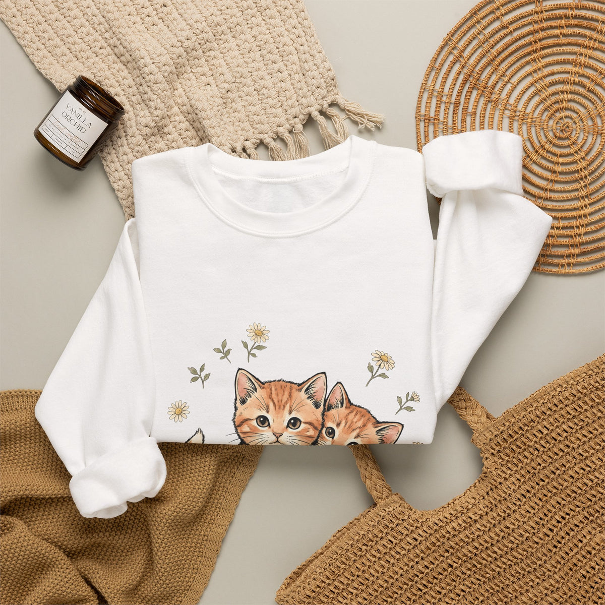 Orange Tabby Kittens Sweatshirt Cat Floral Gift Women Cute Sweatshirt Kitten Sweatshirt Cat Fan Adorable Sweatshirt Botanical Graphic Hand Drawn Daisies Sweatshirt