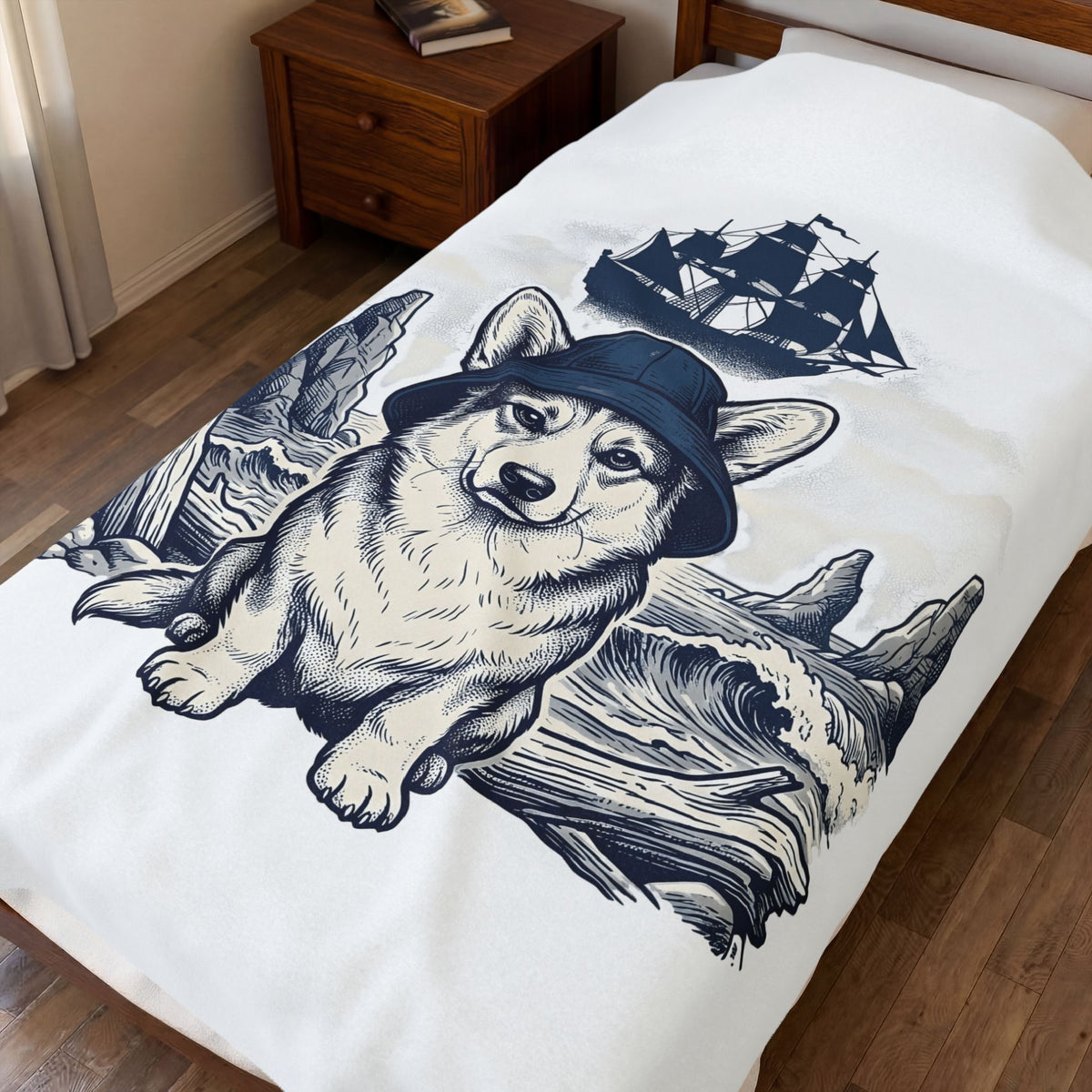 Corgi Pet Blanket Dog Sailing Gift Women Classic Blanket Puppy Blanket Dog Fan Retro Blanket Nautical Graphic Line Art Pirate Boat Blanket
