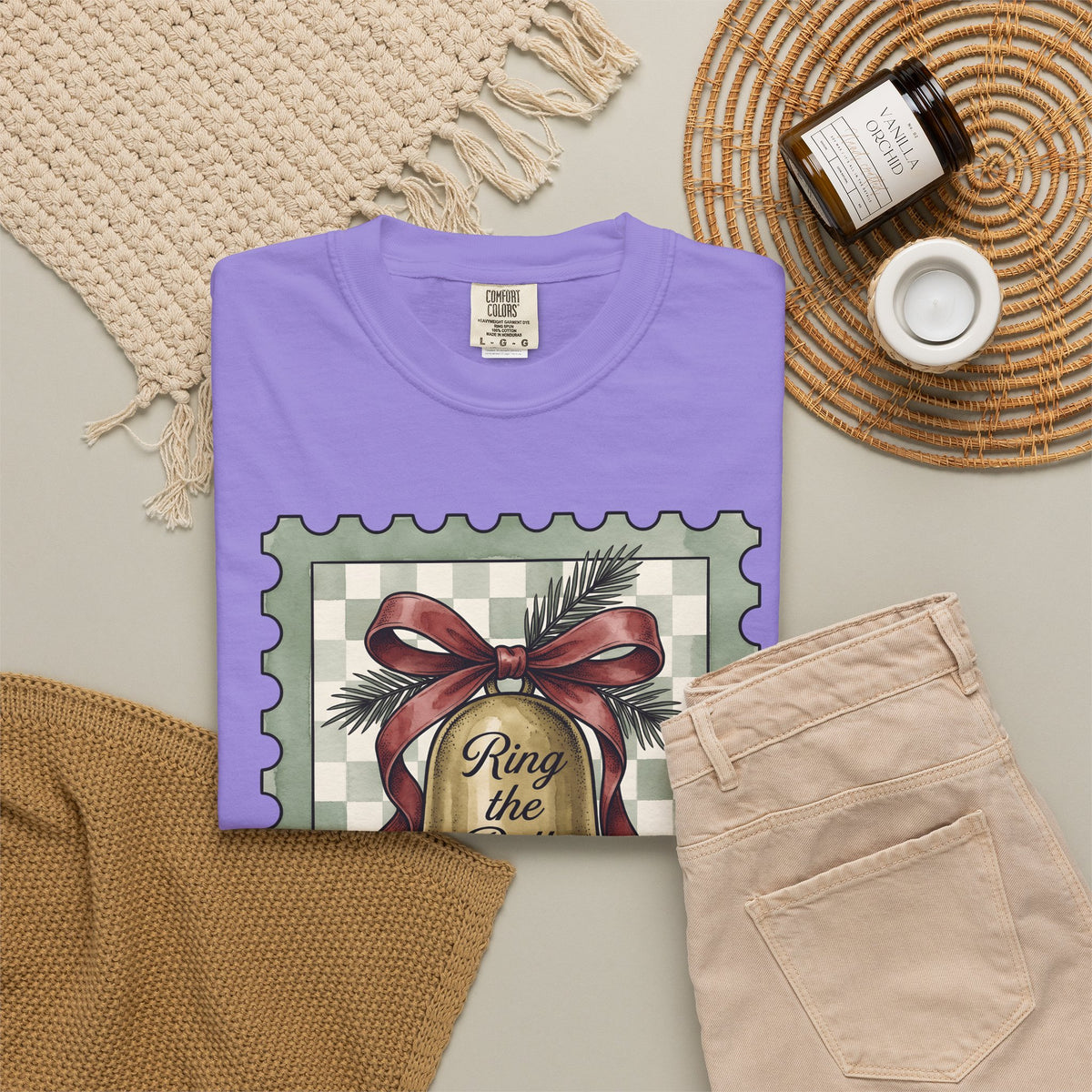 Festive Bell T-Shirt Christmas Seasonal Gift Women Retro T-Shirt Jingle Bell T-Shirt Christmas Fan Vintage T-Shirt Holiday Graphic Rustic Fir Twig