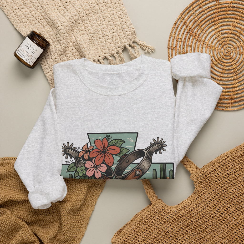 Leather Spurs Sweatshirt Cowgirl Garden Gift Women Tribal Sweatshirt Rowels Sweatshirt Cowboy Fan Primitive Sweatshirt Gardening Graphic Sketch Desert Plants