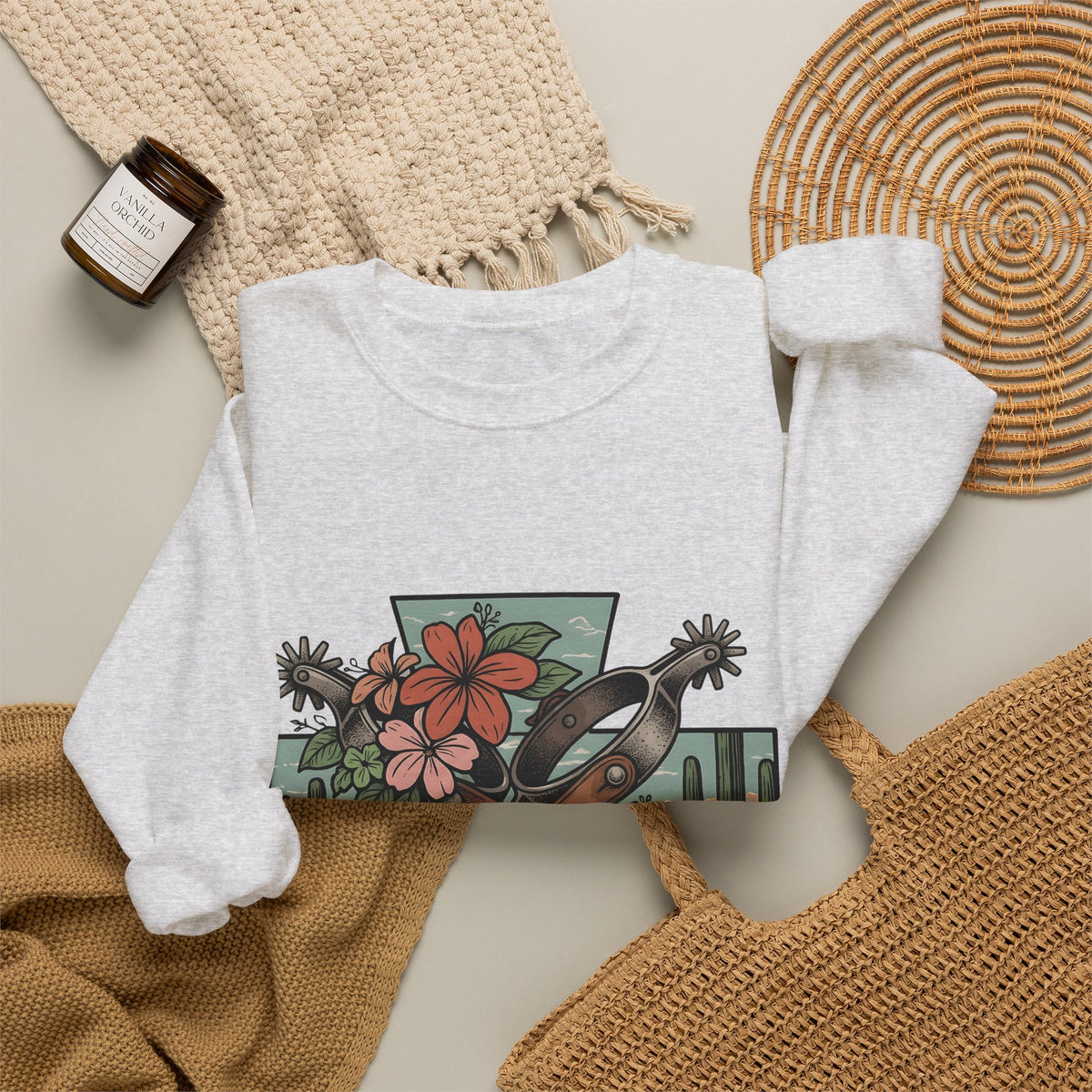 Leather Spurs Sweatshirt Cowgirl Garden Gift Women Tribal Sweatshirt Rowels Sweatshirt Cowboy Fan Primitive Sweatshirt Gardening Graphic Sketch Desert Plants