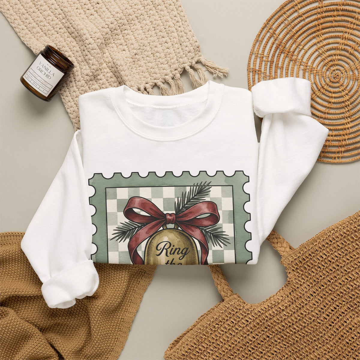 Festive Bell Sweatshirt Christmas Seasonal Gift Women Retro Sweatshirt Jingle Bell Sweatshirt Christmas Fan Vintage Sweatshirt Holiday Graphic Rustic Fir Twig