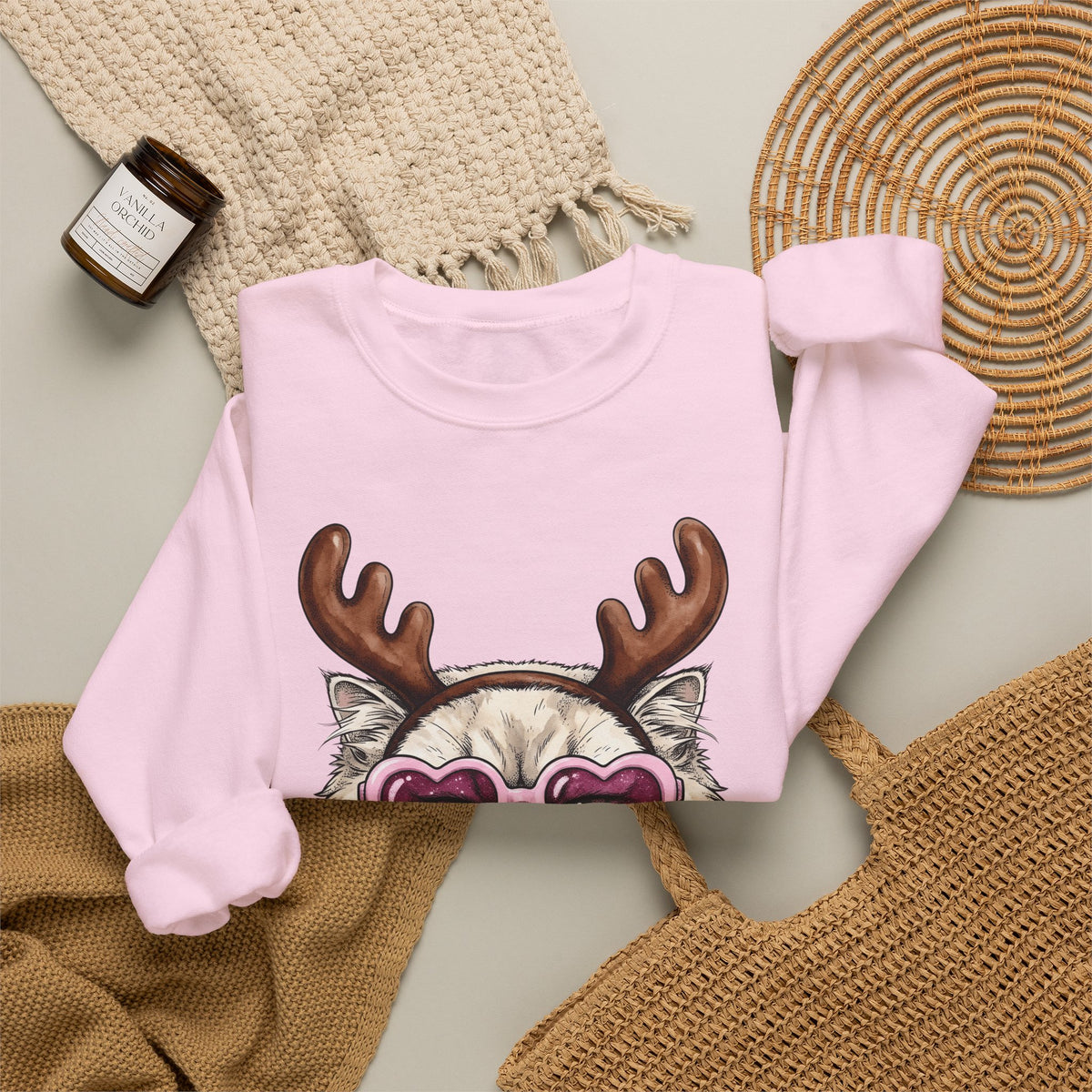 Cat Reindeer Sweatshirt Christmas Cat Gift Women Hand Drawn Sweatshirt Reindeer Sweatshirt Xmas Fan Illustrated Graphic Kitten Design Vintage Heart