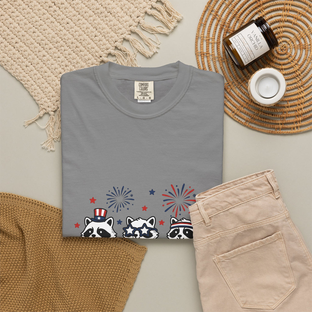 Raccoon Pack T-Shirt 4th Of July Fauna Gift Women Hand Drawn T-Shirt Trash Panda T-Shirt Independence Day Fan Illustrated T-Shirt Wildlife Graphic