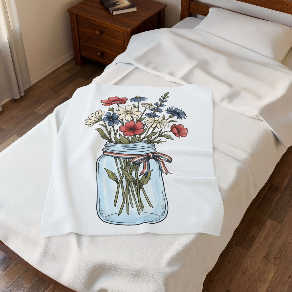 Mason Jar Flowers Blanket 4th Of July Floral Gift Women Hand Drawn Blanket Flower Arrangement Blanket Independence Day Fan Floral Graphic Blanket