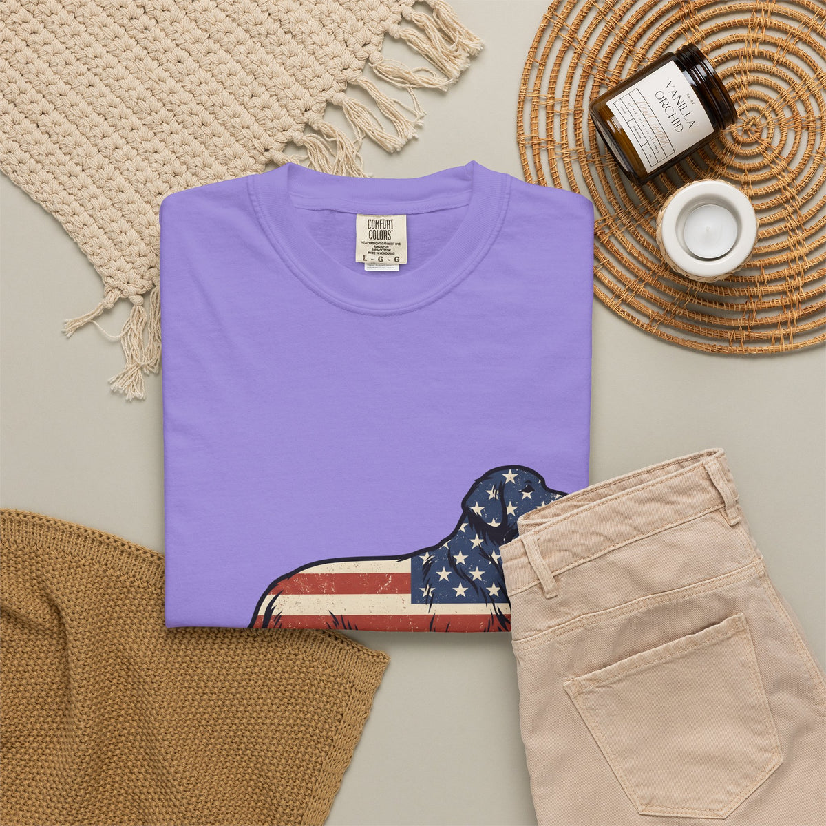 Golden Retriever T-Shirt 4th Of July Pets Gift Women Retro T-Shirt Dog T-Shirt Independence Day Fan Vintage T-Shirt Animal Graphic Sketch Usa Flag