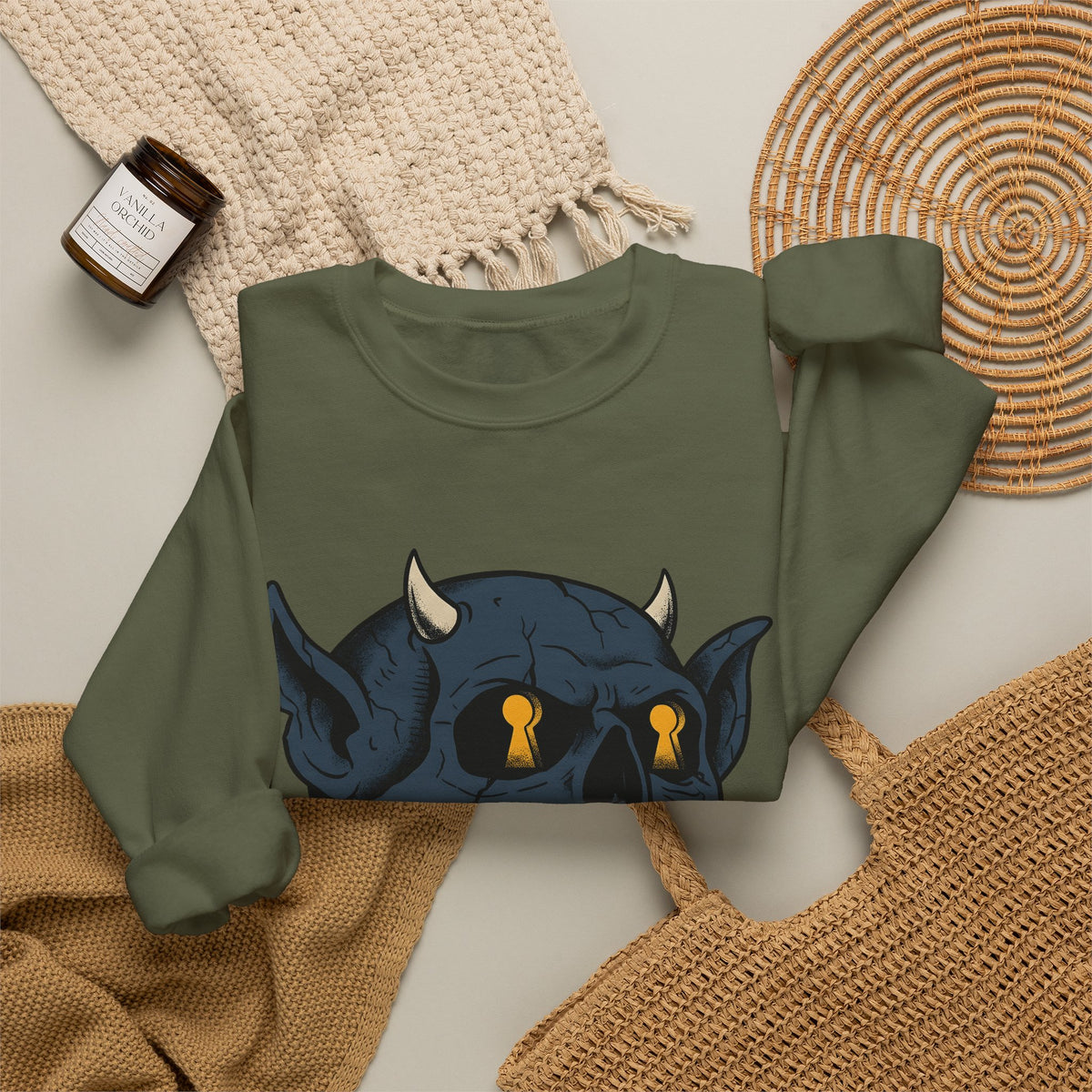 Devil Skull Sweatshirt Halloween Horror Gift Women Tattoo Sweatshirt Skull Sweatshirt Horror Fan Scary Graphic Sweatshirt Retro Teeth Sweatshirt