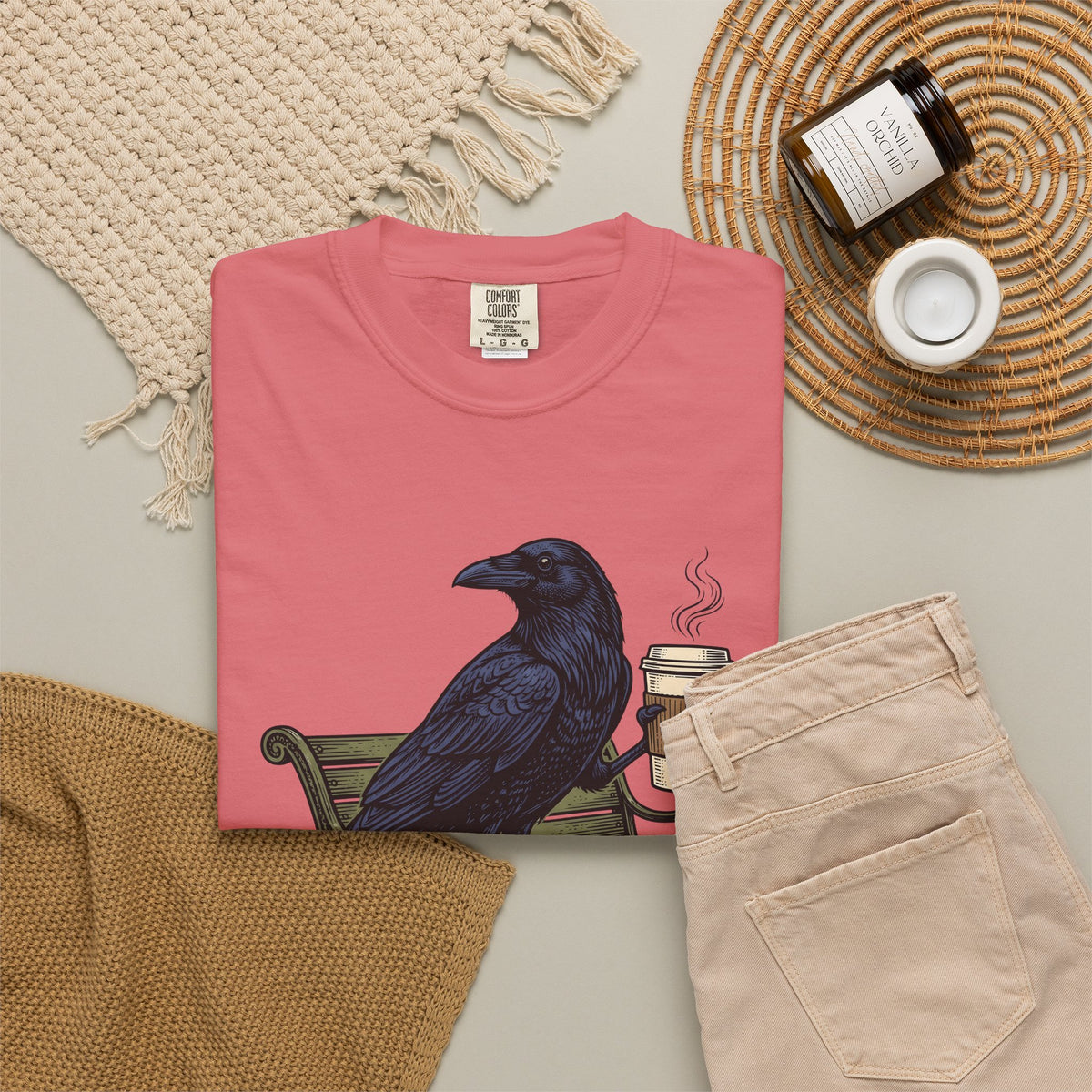 Raven Coffee T-Shirt Coffee Animal Gift Women Vintage T-Shirt Coffee T-Shirt Coffee Fan Retro T-Shirt Wildlife Graphic Hand Drawn Park Bench T-Shirt