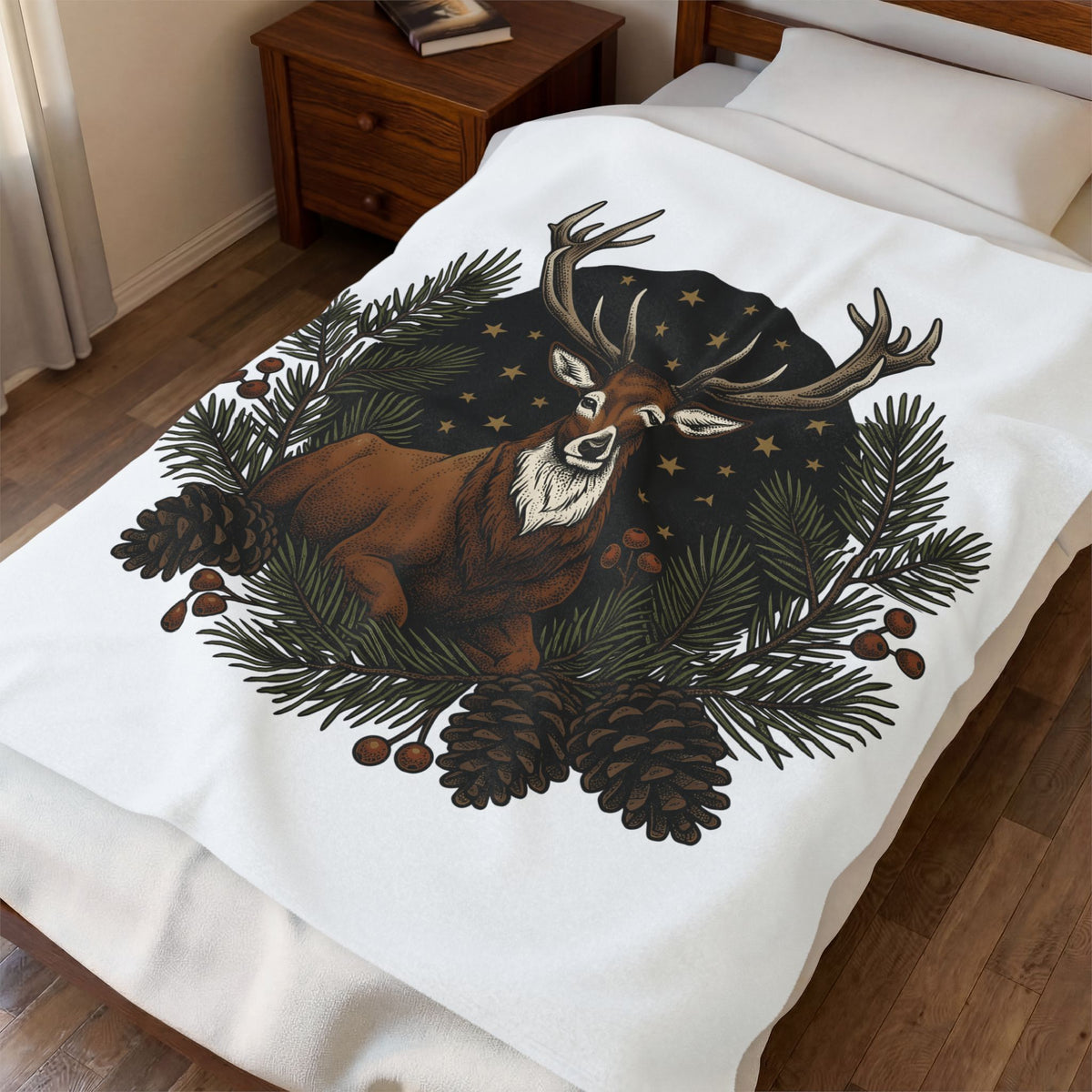 Elk Design Blanket Woodland Festive Gift Women Old School Blanket Moose Blanket Forest Fan Vintage Blanket Holiday Graphic Outline Pine Cone Blanket