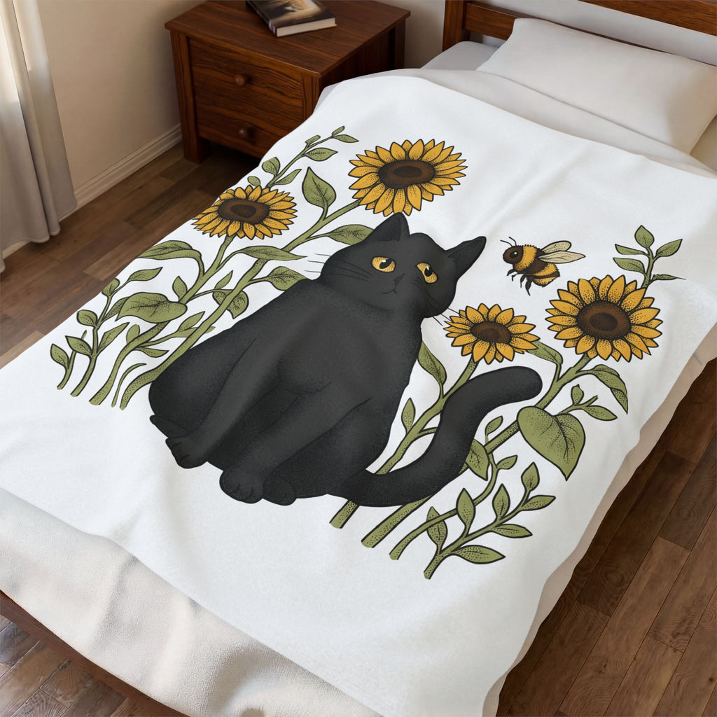 Dark Cat Blanket Boho Chic Garden Gift Women Line Art Blanket Black Cat Blanket Bohemian Fan Minimalist Blanket Gardening Graphic Cartoon Yellow