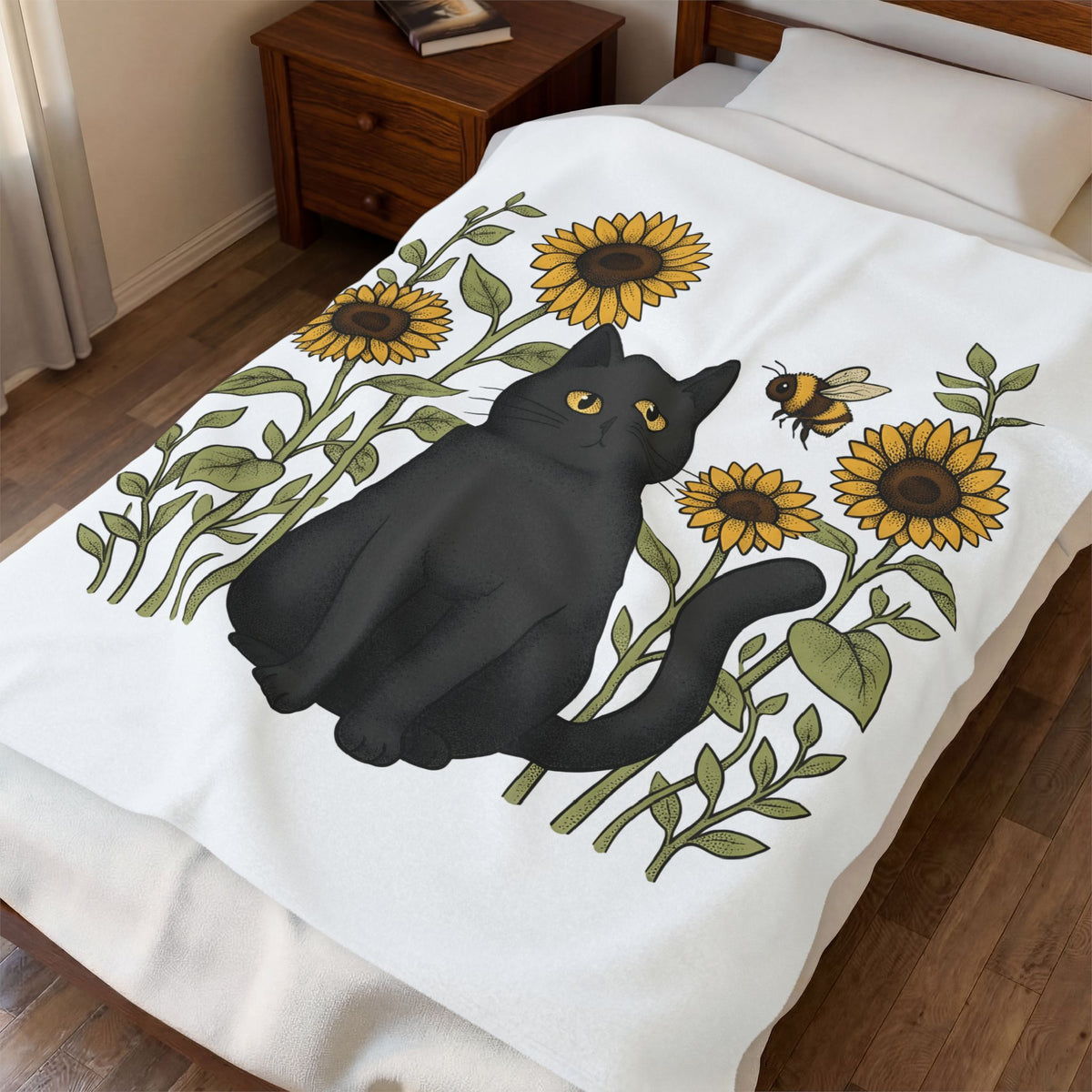 Dark Cat Blanket Boho Chic Garden Gift Women Line Art Blanket Black Cat Blanket Bohemian Fan Minimalist Blanket Gardening Graphic Cartoon Yellow