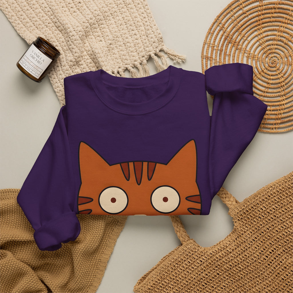 Cat Face Sweatshirt Cat Humor Gift Women Cartoon Sweatshirt Kitten Sweatshirt Cat Fan Toon Sweatshirt Funny Graphic Minimalist Wide Eyes Sweatshirt