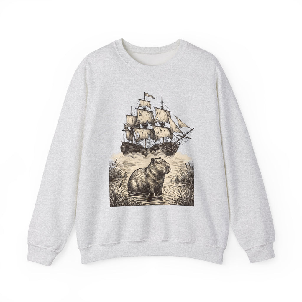 Capybara Boat Sweatshirt Capybara Wildlife Gift Women Retro Sweatshirt Rodent Sweatshirt Capybara Fan Vintage Sweatshirt Animal Graphic Sketch Cattails Sweatshirt