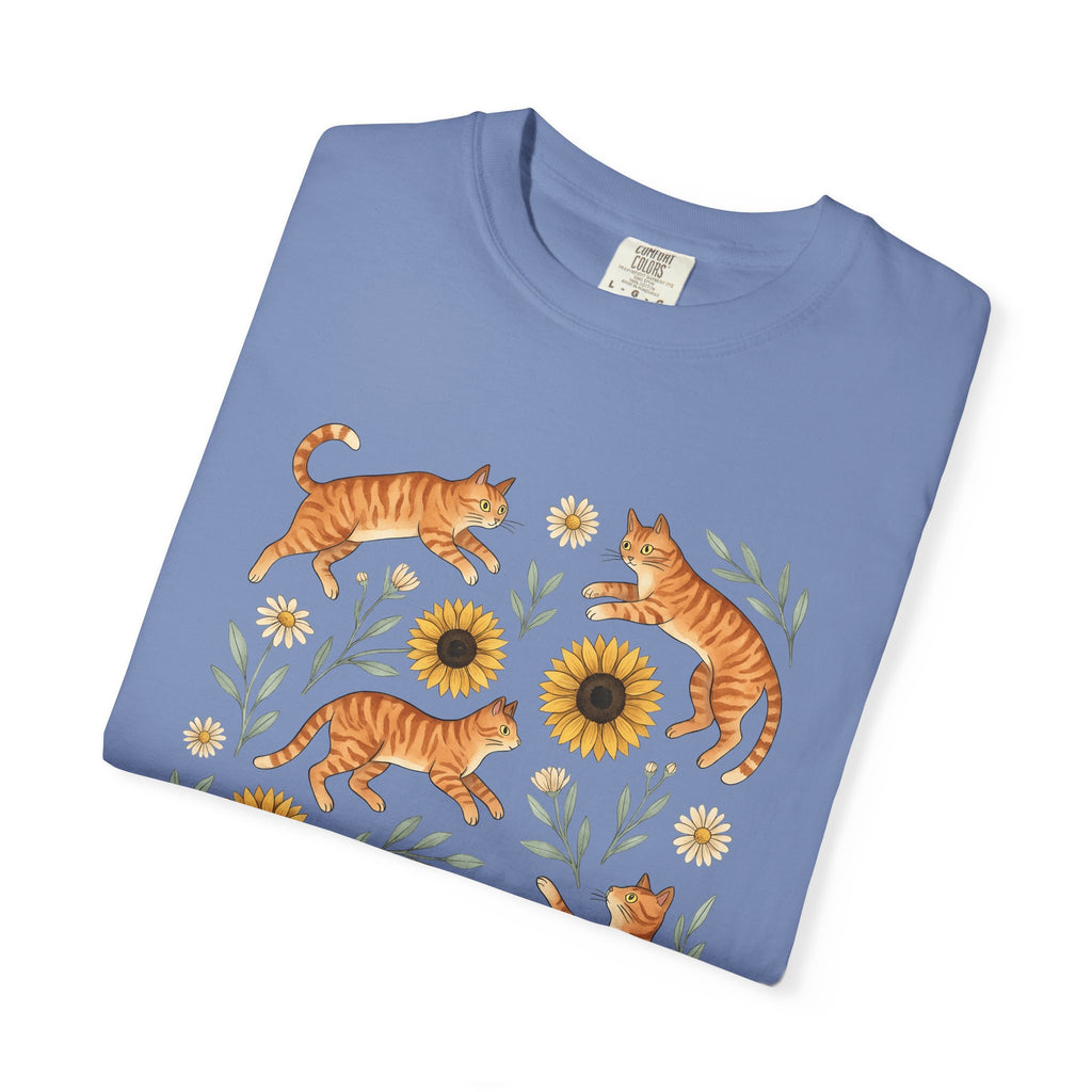 Ginger Cats T-Shirt Cat Flower Gift Women Cartoon T-Shirt Orange Cat T-Shirt Cat Fan Feline Graphic Illustration Comic T-Shirt Sketch Sunflower