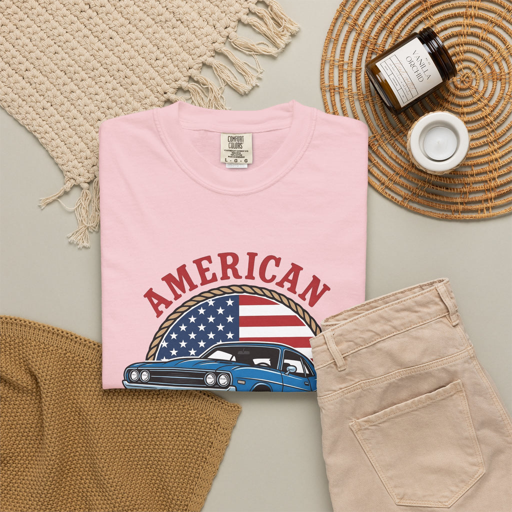 Muscle Car T-Shirt America Automotive Gift Women Vintage T-Shirt Hot Rod T-Shirt Patriot Enthusiast Classic T-Shirt Car Graphic Retro American Flag