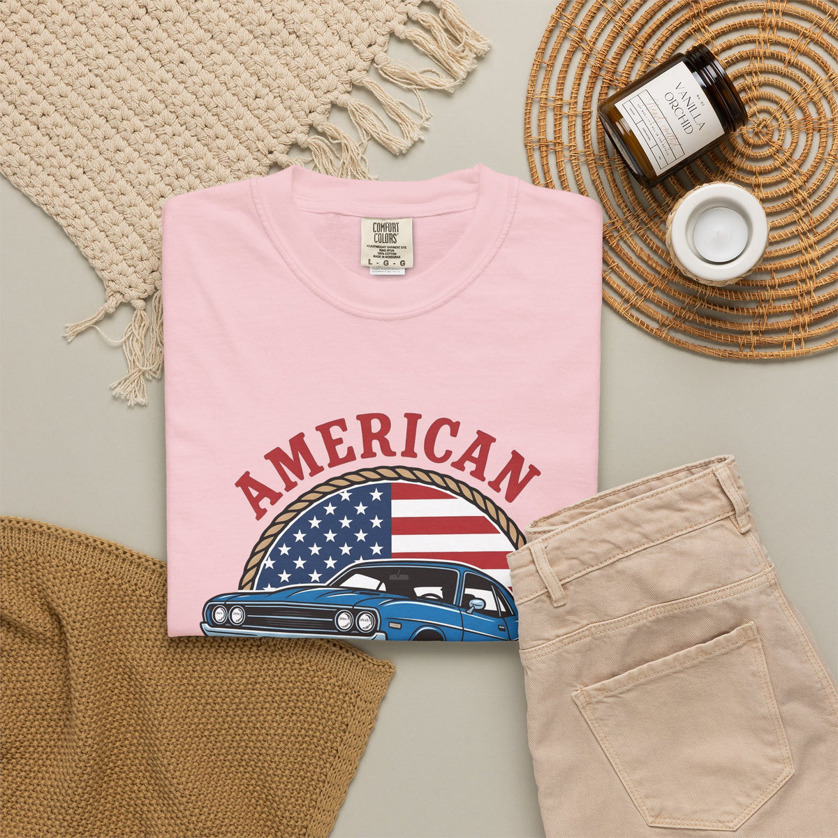 Muscle Car T-Shirt America Automotive Gift Women Vintage T-Shirt Hot Rod T-Shirt Patriot Enthusiast Classic T-Shirt Car Graphic Retro American Flag