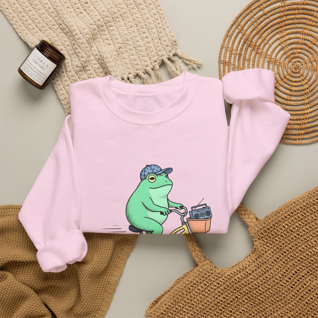 Frog Cycle Sweatshirt Funny Critters Gift Women Graphic Sweatshirt Toad Sweatshirt Humor Fan Cartoon Sweatshirt Creature Graphic Old School Music Player Sweatshirt