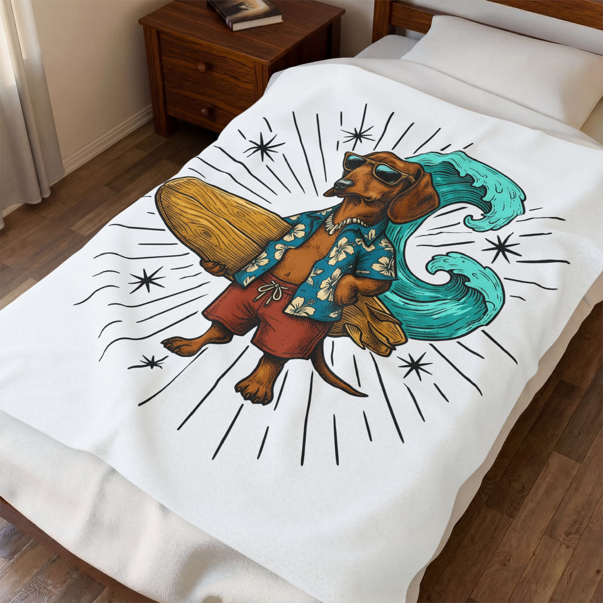 Dachshund Surfer Blanket Dog Holiday Gift Women Animated Blanket Wiener Dog Blanket Dog Fan Cartoon Blanket Vacation Graphic Retro Surfboard Blanket