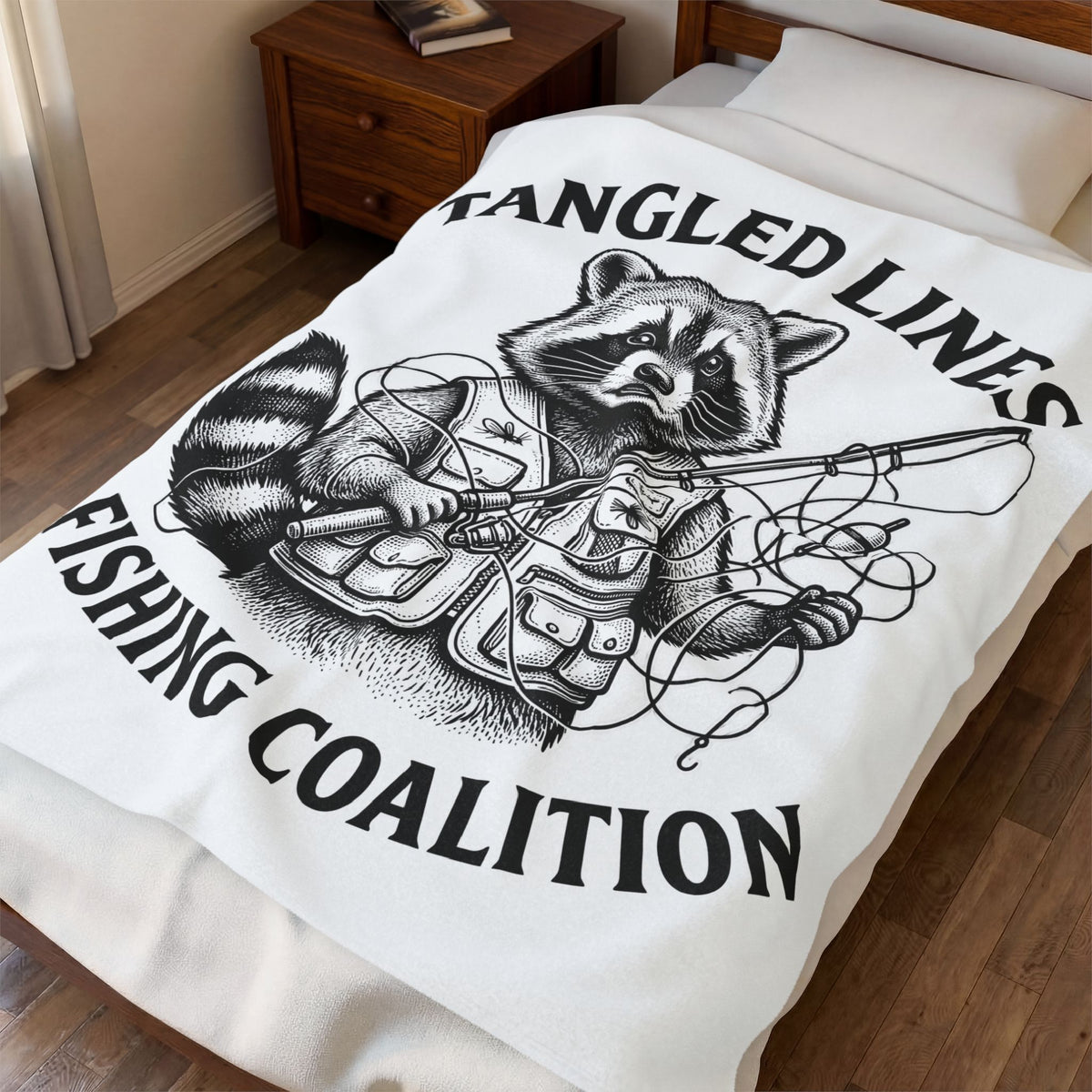 Raccoon Fisher Fishing Pets Gift Line Raccoon Angler Fan Illustrated Animal Cartoon Fishing Blanket