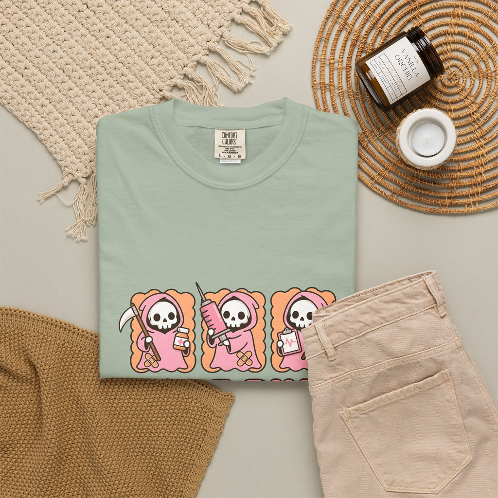 Lovable Reaper Figure T-Shirt Nurses Wellness Gift Women Manga T-Shirt Grim Reaper T-Shirt Nurse Enthusiast Anime T-Shirt Health Graphic Design