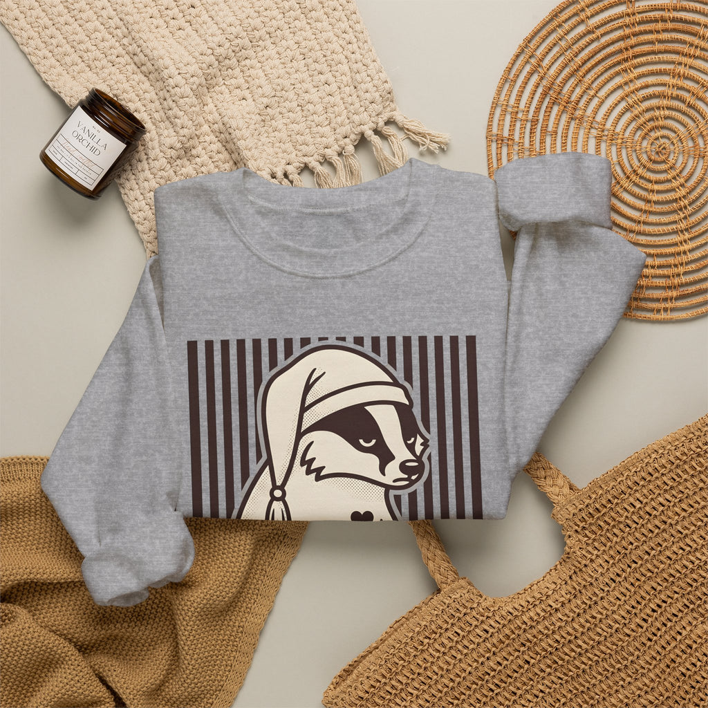 Dozing Badger Sweatshirt Funny Mammal Gift Women Cartoon Sweatshirt Badger Sweatshirt Humor Fan Comic Sweatshirt Wildlife Graphic Hand Drawn Bedtime Hat Sweatshirt