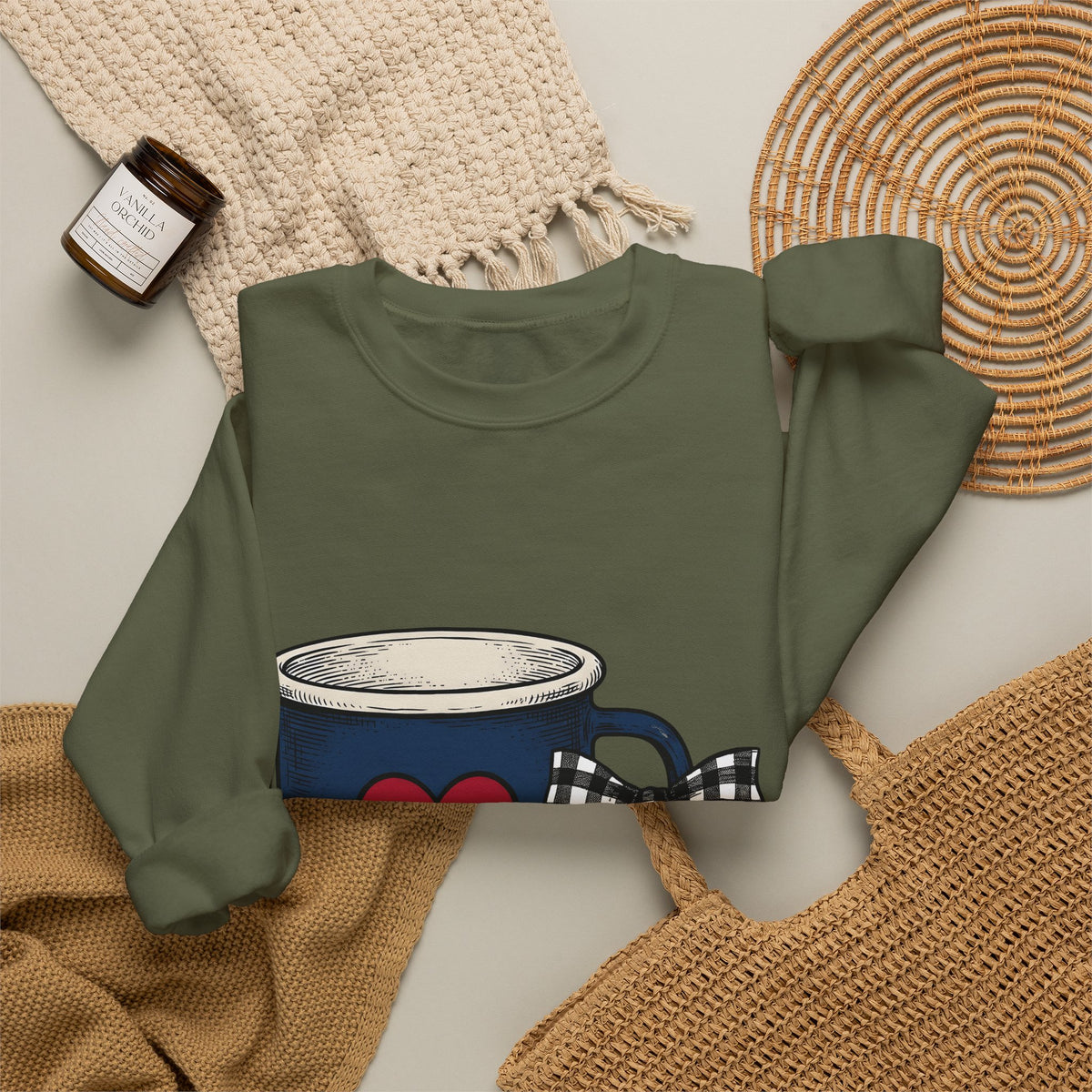 Heart Mug Holiday Coffee Gift Hand Drawn Mug Christmas Fan Coffee Cup Vintage Plaid Sweatshirt