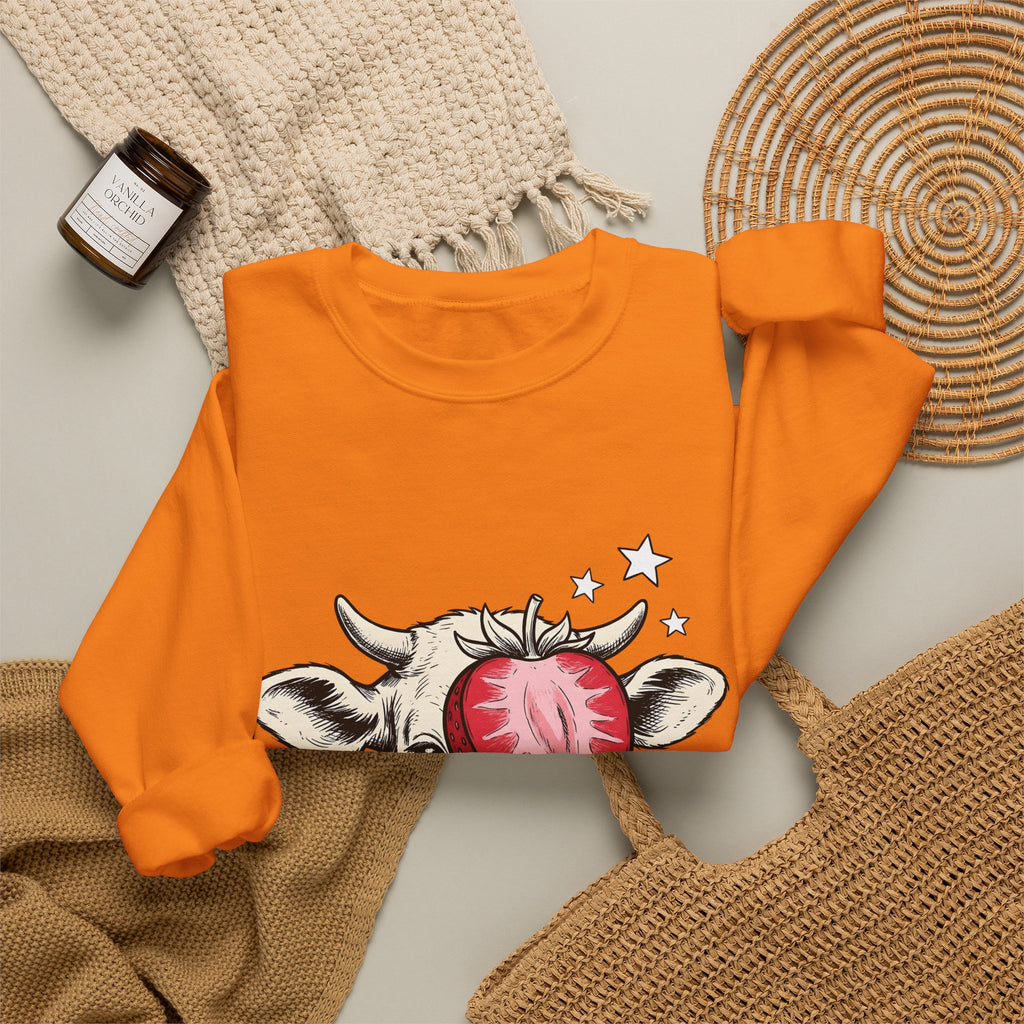 Cow Strawberry Sweatshirt Cute Animal Gift Women Hand Drawn Sweatshirt Cow Sweatshirt Adorable Fan Illustrated Sweatshirt Creature Graphic Whimsical Stars