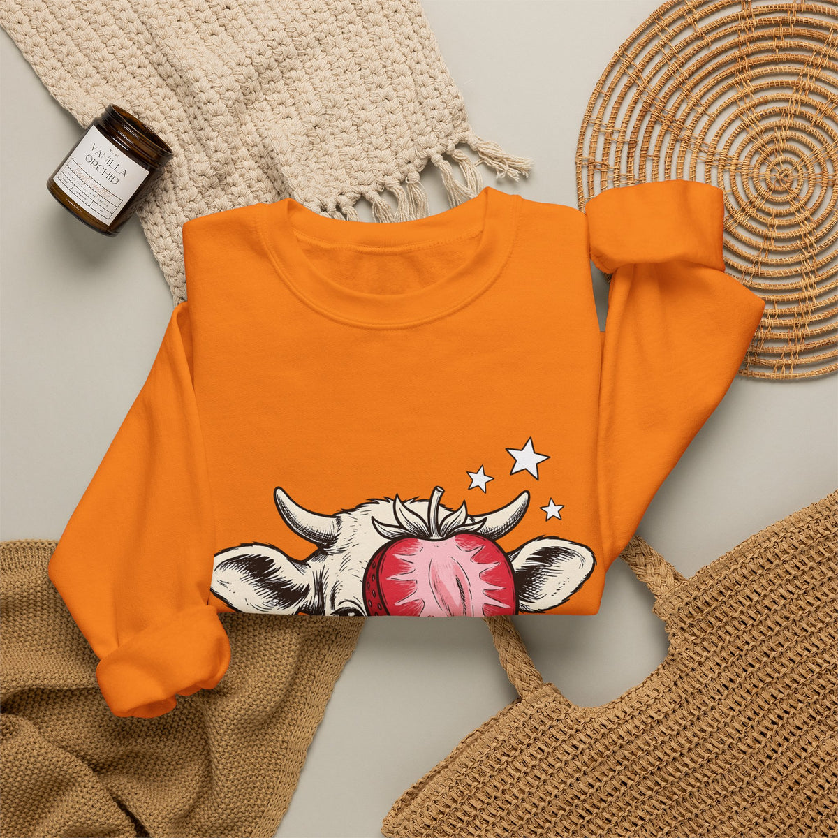 Cow Strawberry Sweatshirt Cute Animal Gift Women Hand Drawn Sweatshirt Cow Sweatshirt Adorable Fan Illustrated Sweatshirt Creature Graphic Whimsical Stars