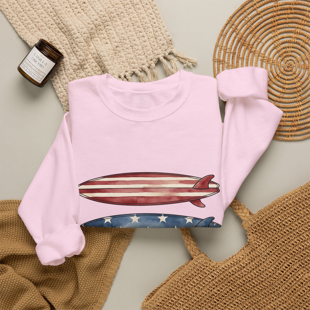 American Surfboards Sweatshirt 4th Of July Ocean Gift Women Painting Sweatshirt Surfboard Sweatshirt Independence Day Fan Artistic Sweatshirt Sea Graphic Retro