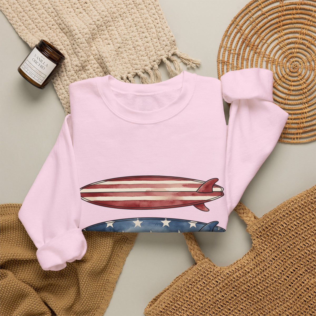 American Surfboards Sweatshirt 4th Of July Ocean Gift Women Painting Sweatshirt Surfboard Sweatshirt Independence Day Fan Artistic Sweatshirt Sea Graphic Retro