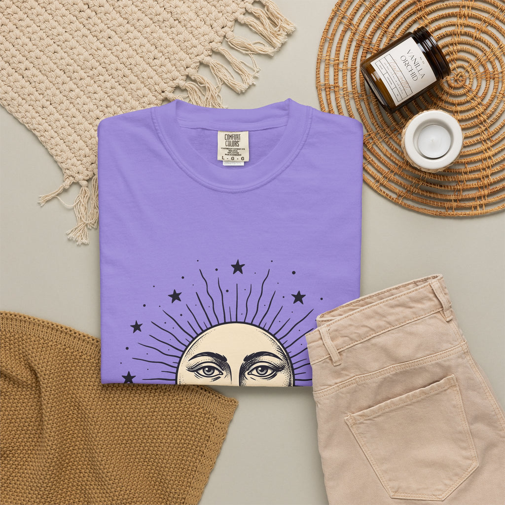 Sun Face T-Shirt Boho Chic Space Gift Women Rustic T-Shirt Sun T-Shirt Hippie Fan Bohemian T-Shirt Galaxy Graphic Line Art Stars T-Shirt