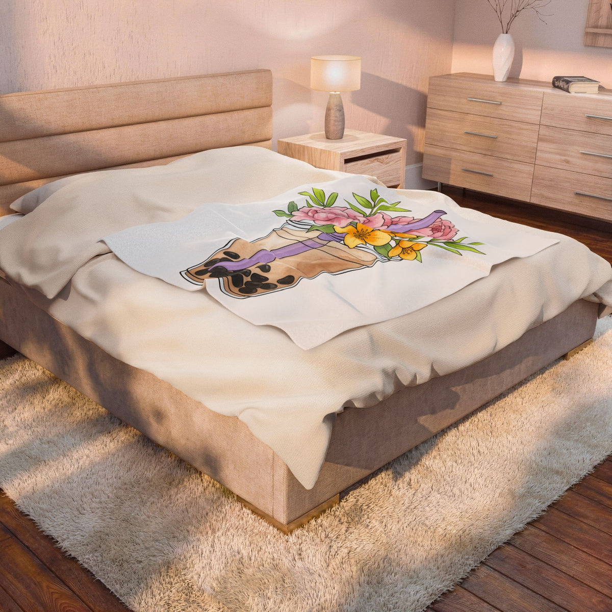 Tea Flower Bouquet Blanket Drinks Blossom Gift Women Acrylic Blanket Floral Arrangement Blanket Beverage Fan Painted Blanket Flower Graphic Line