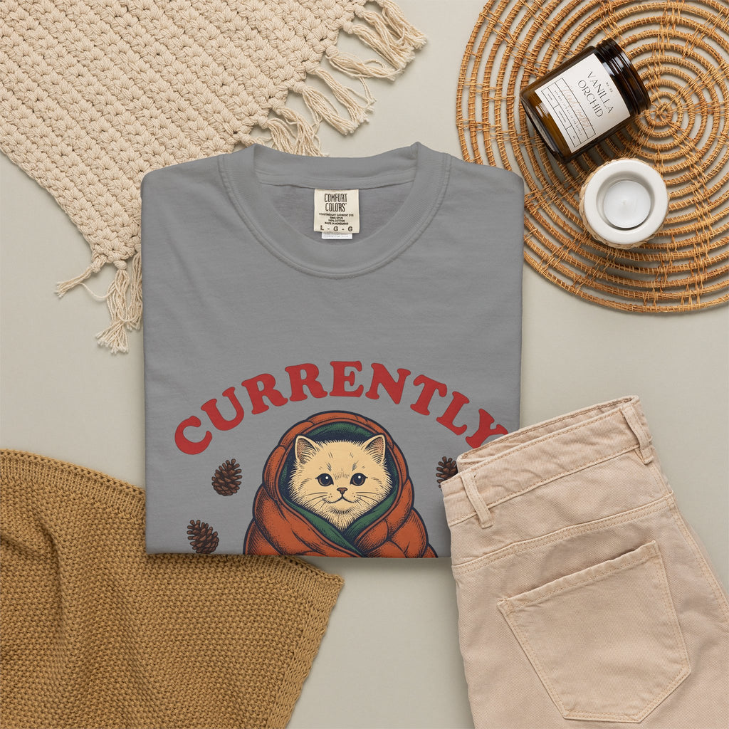 Warm Cat T-Shirt Cat Backpacking Gift Women Farmhouse T-Shirt Kitty T-Shirt Feline Fan Rustic T-Shirt Hiking Graphic Line Art Conifer Cones T-Shirt