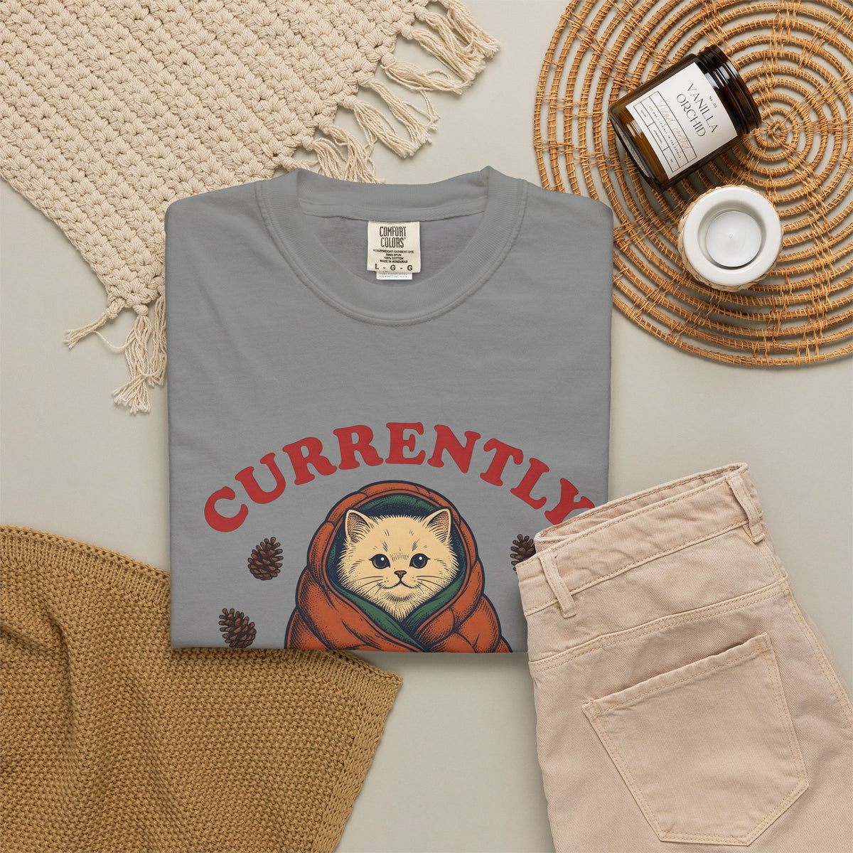 Warm Cat T-Shirt Cat Backpacking Gift Women Farmhouse T-Shirt Kitty T-Shirt Feline Fan Rustic T-Shirt Hiking Graphic Line Art Conifer Cones T-Shirt