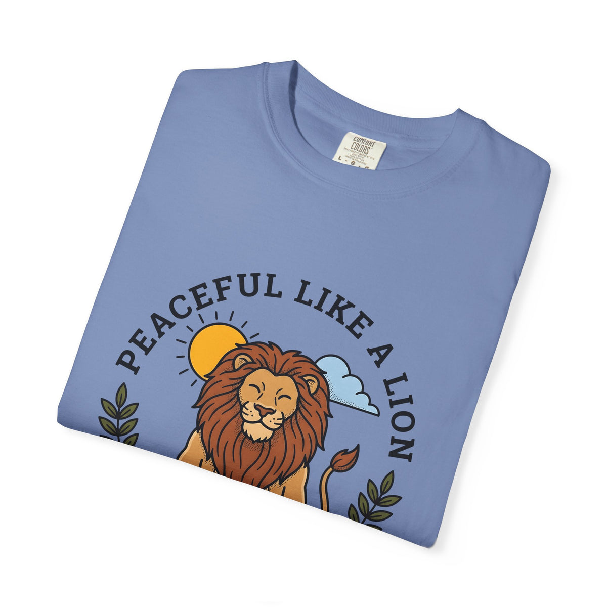 Meditating Lion T-Shirt Yoga Mindfulness Gift Women Cartoon T-Shirt Lioness T-Shirt Yoga Enthusiast Comic T-Shirt Meditation Graphic Minimalist Sun