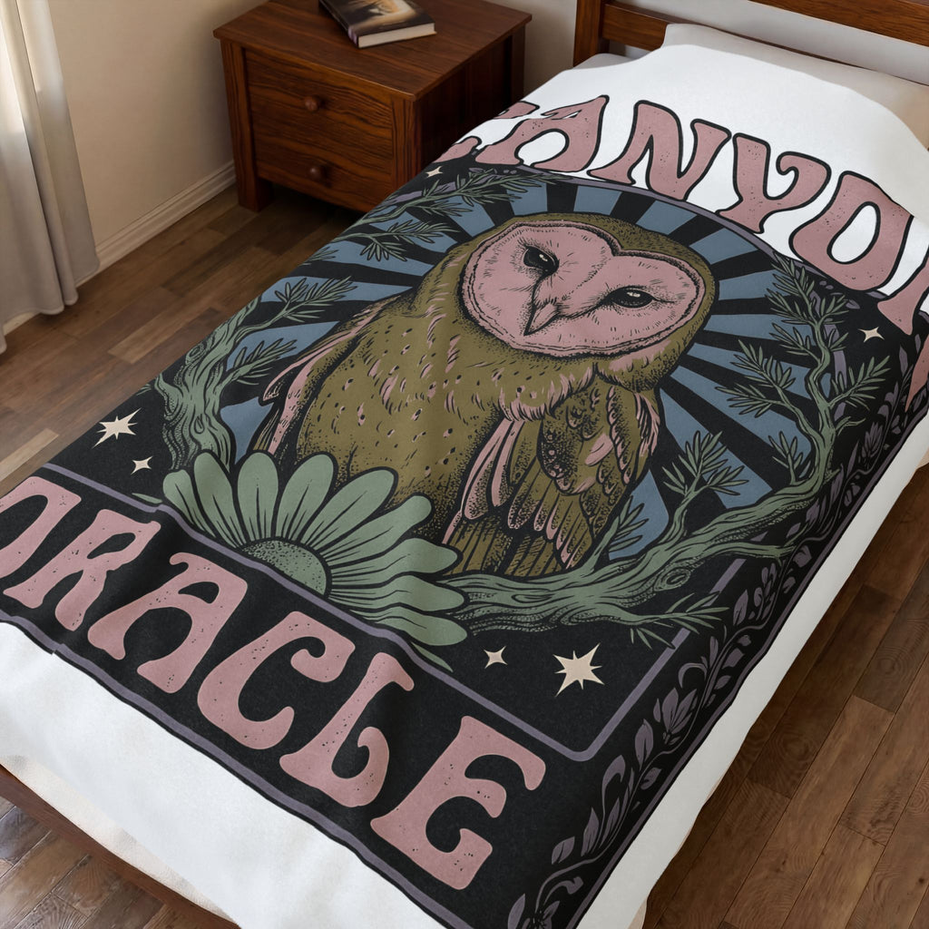 Barn Owl Boho Chic Fauna Gift Hand Drawn Owl Bohemian Fan Illustrated Colorful Blossom Blanket