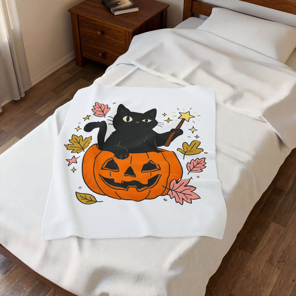 Black Cat Pumpkin Blanket Halloween Cat Gift Women Cute Blanket Cat Blanket Horror Fan Kawaii Blanket Feline Graphic Hand Drawn Magic Wand Blanket