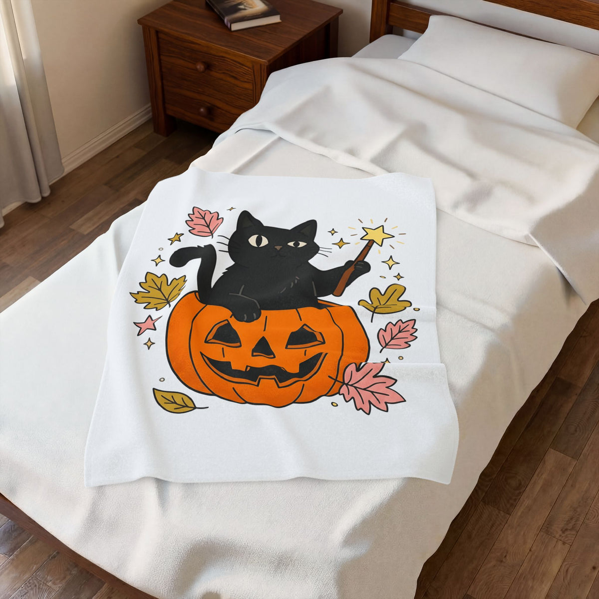Black Cat Pumpkin Blanket Halloween Cat Gift Women Cute Blanket Cat Blanket Horror Fan Kawaii Blanket Feline Graphic Hand Drawn Magic Wand Blanket