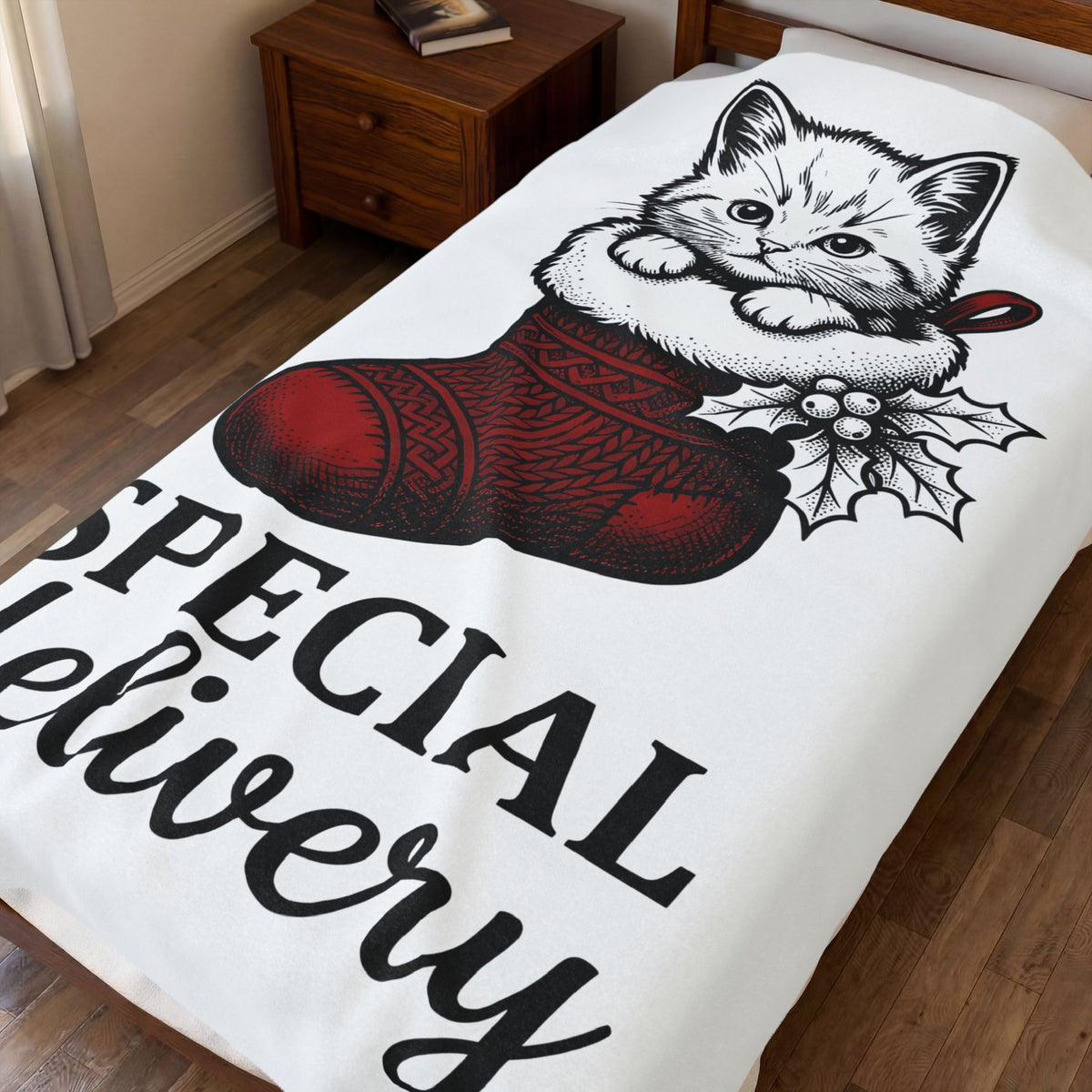 Kitten Stocking Blanket Cat Christmas Gift Women Vintage Blanket Christmas Stocking Blanket Cat Fan Retro Blanket Winter Graphic Hand Drawn Holly