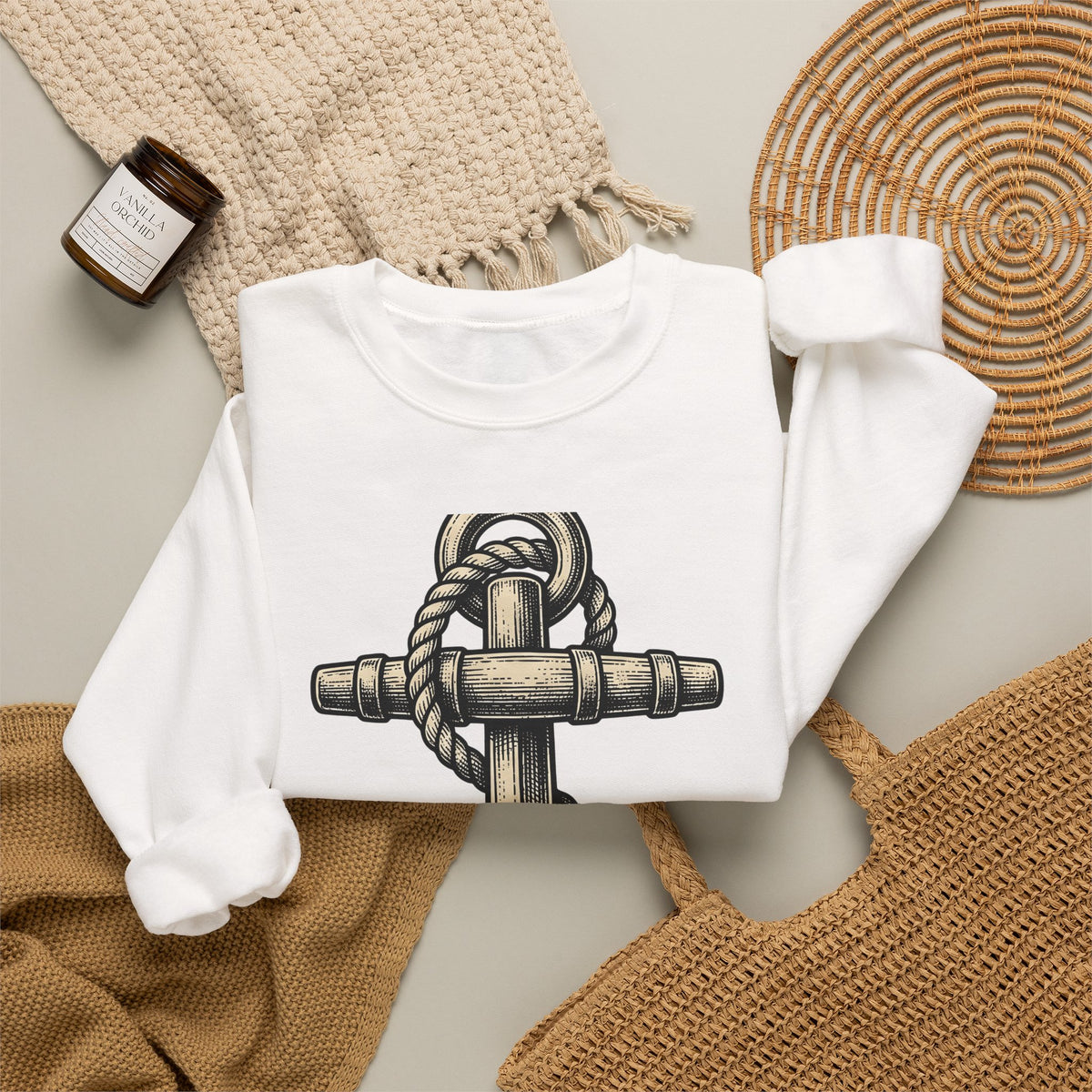 Anchor Line Nautical Beach Gift Old School Rope Sailor Fan Mooring Outline Seaside Sweatshirt