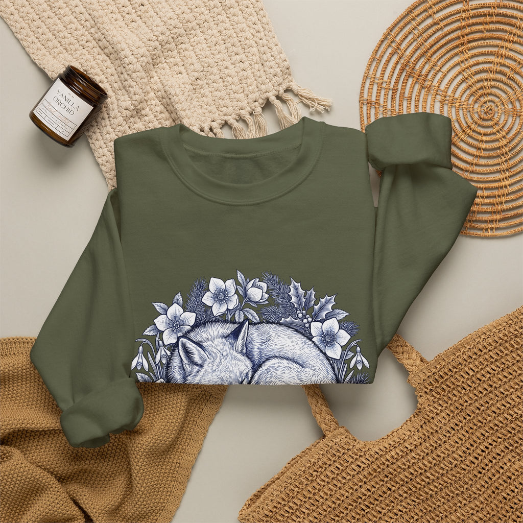 Fox Blossom Sweatshirt Christmas Creature Gift Women Cartoon Sweatshirt Flower Sweatshirt Xmas Fan Comic Sweatshirt Beast Graphic Hand Drawn Pine Branch Sweatshirt
